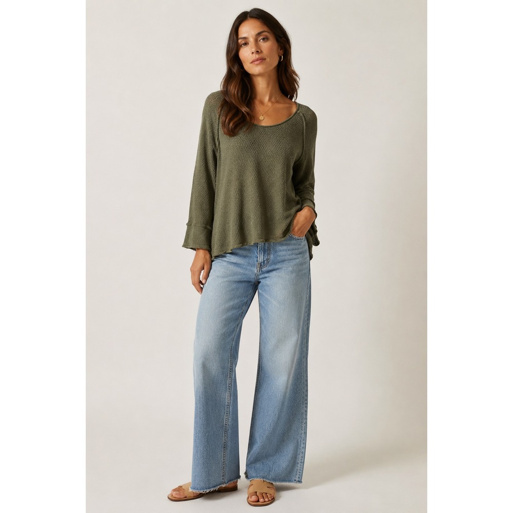 Monoreno Boho Waffle Knit Thermal Shirt Women Oversized Small Green Cotton Blend